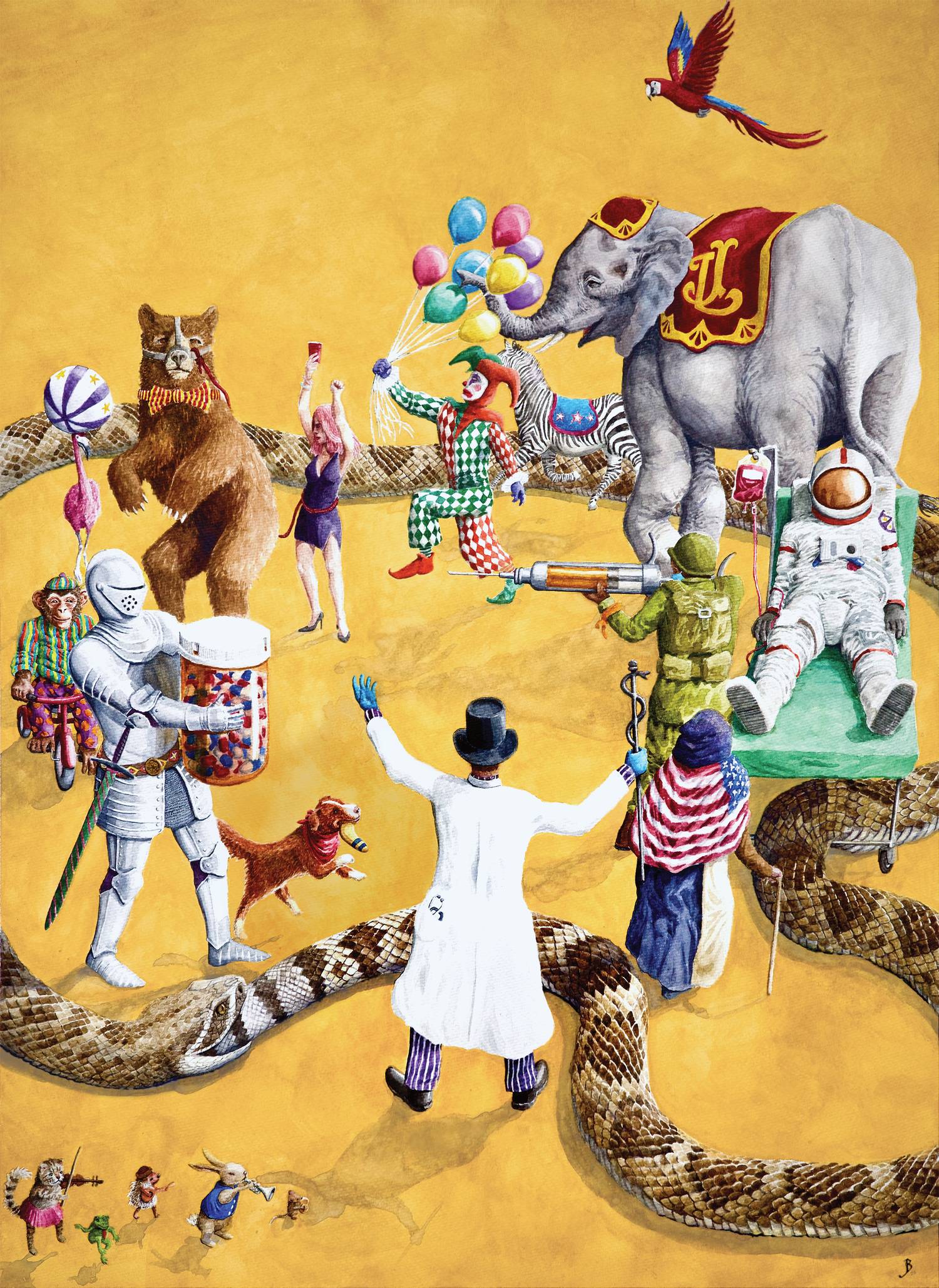Rotations album artwork: a circus of animals, a clown, a knight, a soldier and an astronaut circling a doctor in a top hat